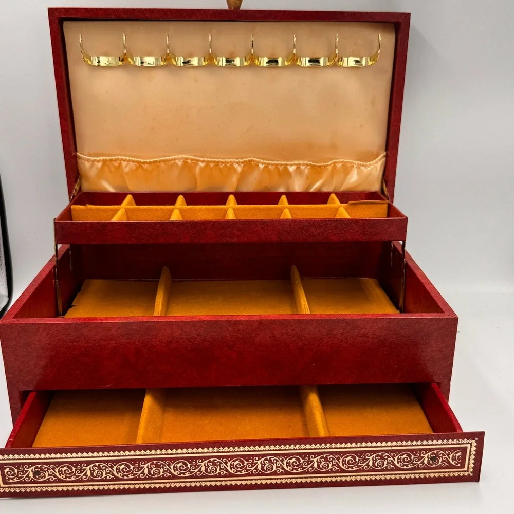 Vintage Red Faux Leather Jewelry Box Gold Filigree 3-Tier Cantilever Drawer